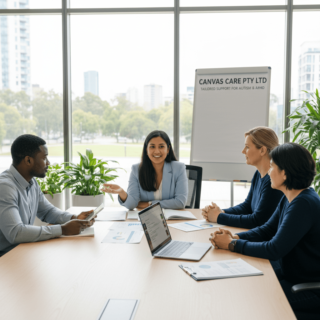 Bilingual support coordinator in office meeting with care team, fostering collaboration.