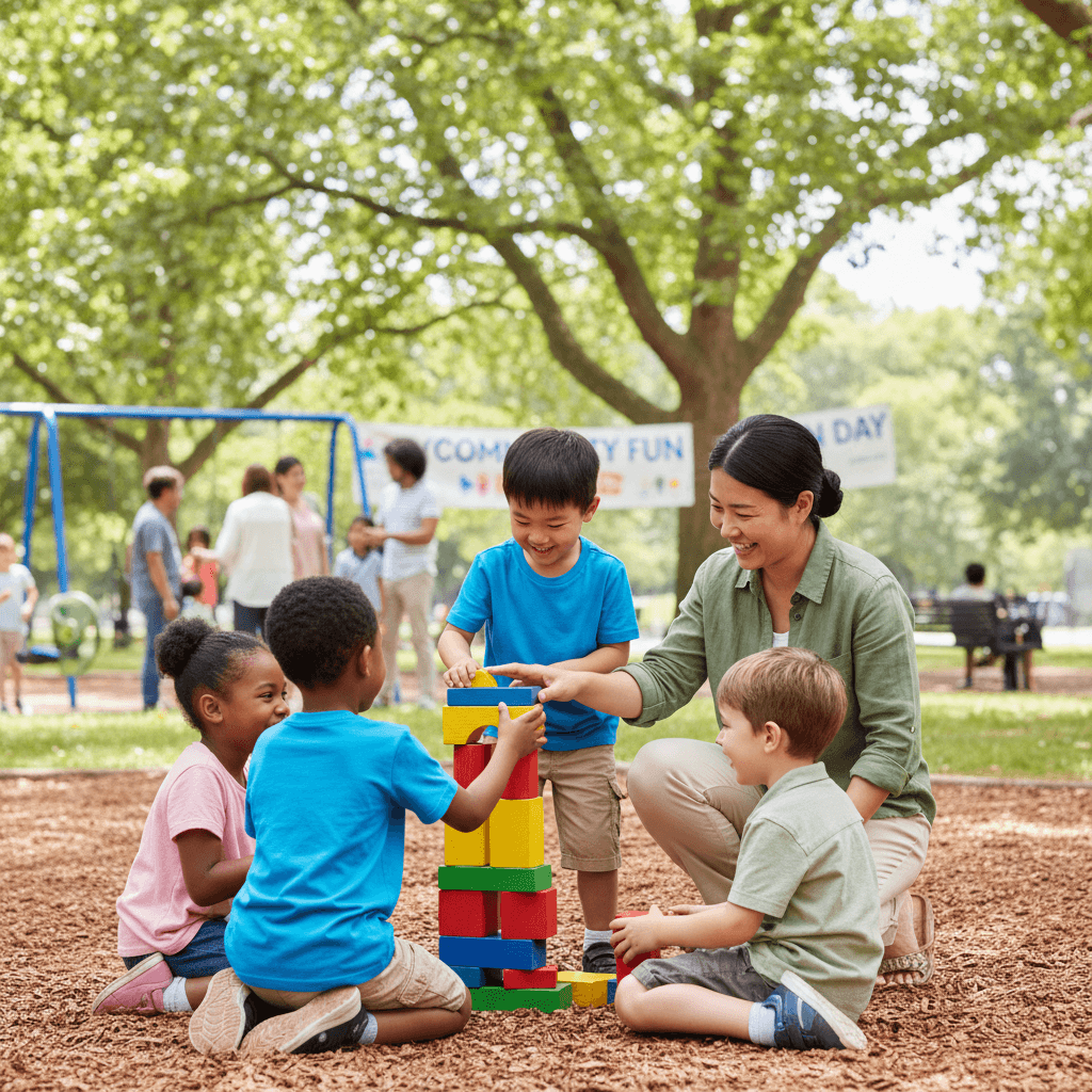 Child accessing community activity with caregiver support