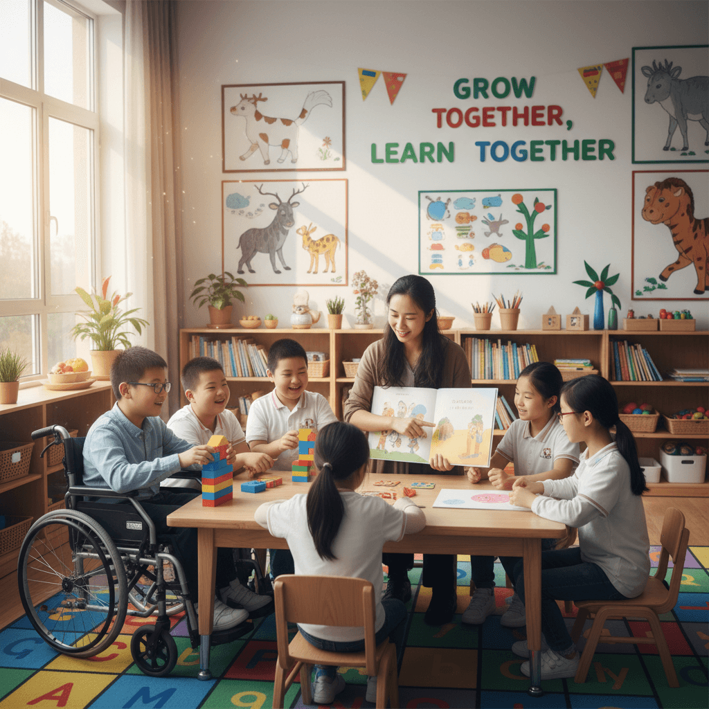 Children with Autism and facilitator engaged in a supportive group activity