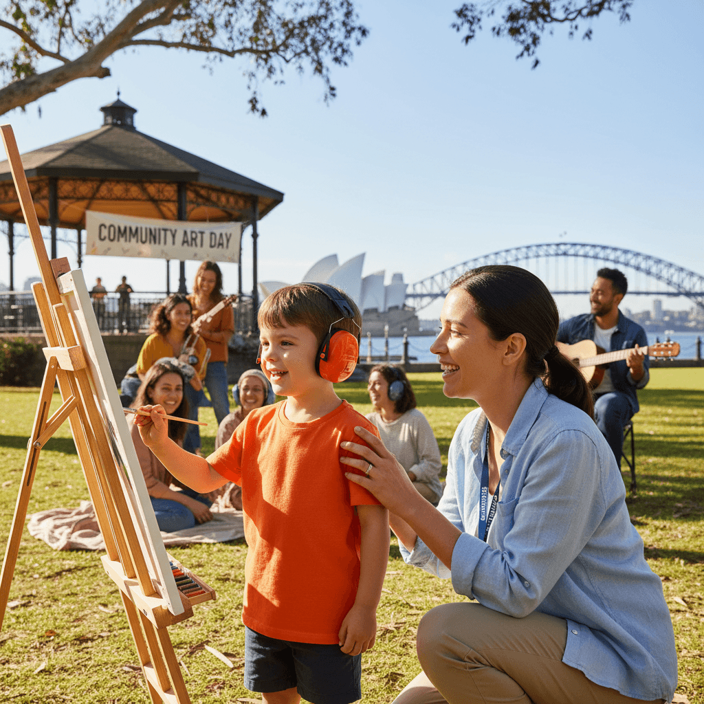 Caregiver assisting child with Autism at a community event in Sydney park