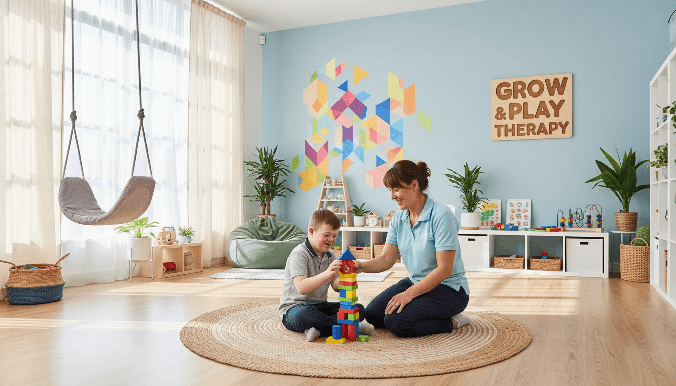 Disability support worker assisting child in modern therapy room with natural light.