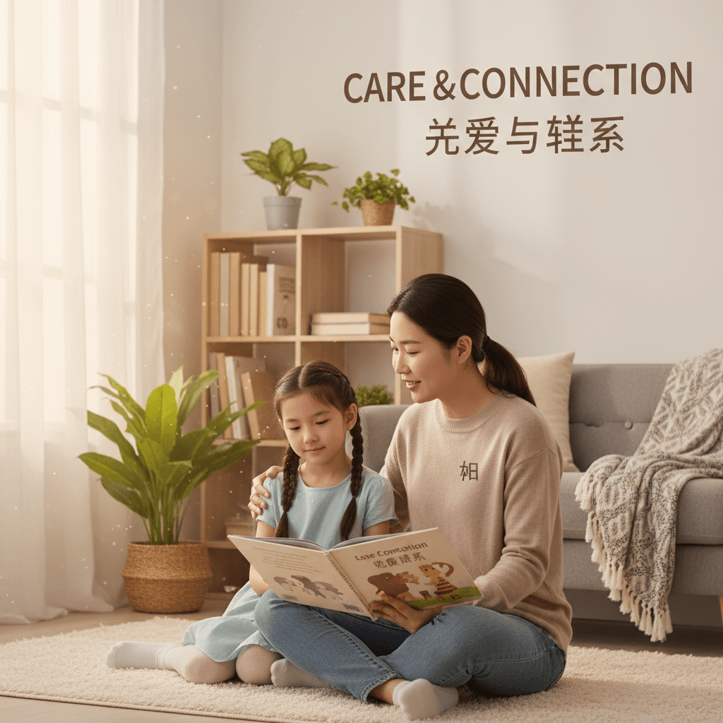 Caregiver providing emotional support to a young child in a cozy home setting