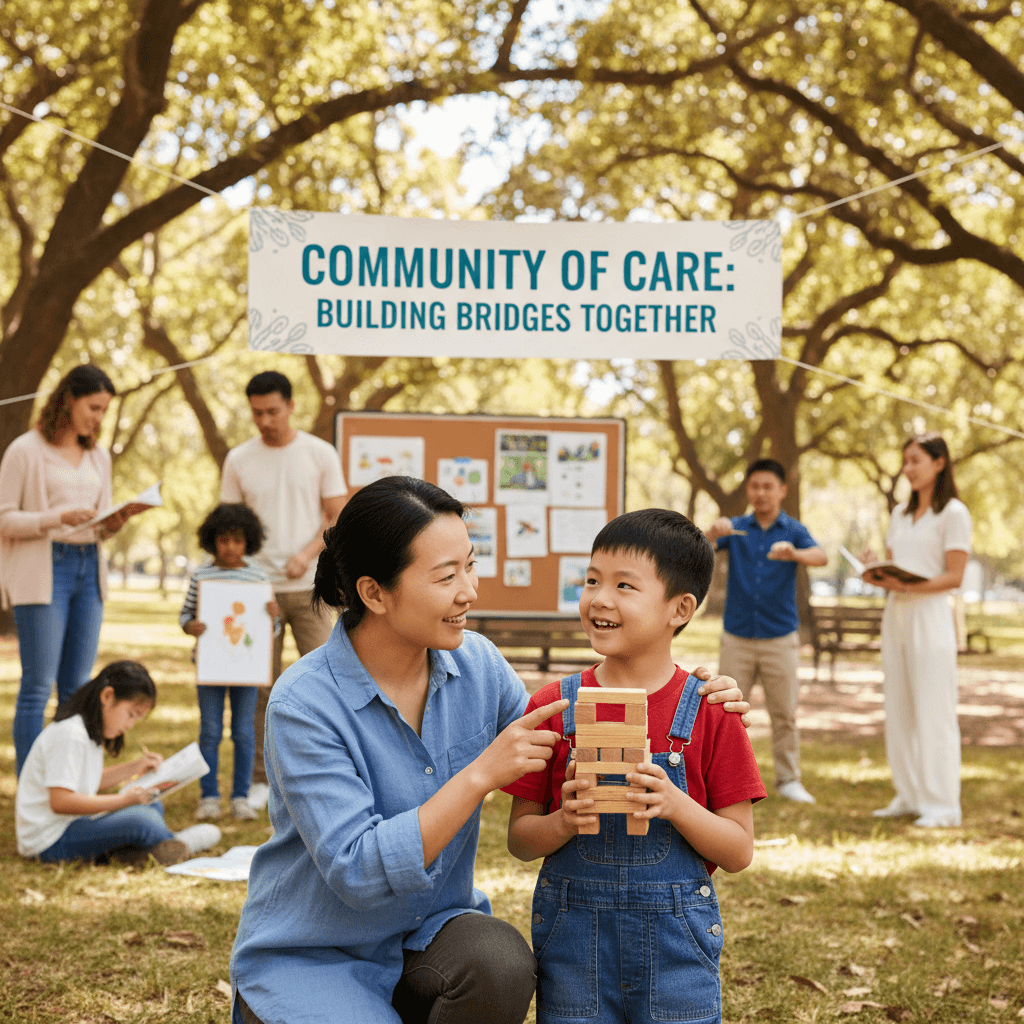 Caregiver guiding a child with Autism in a community setting, fostering social skills and confidence