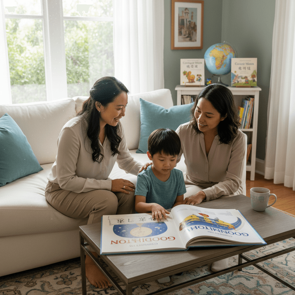 Bilingual caregiver connecting with family in home