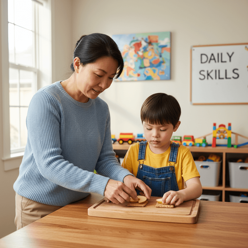 Caregiver assisting a child with Autism in a daily activity at home, nurturing independence.