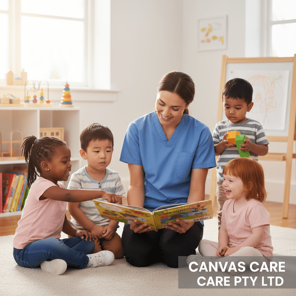 Caregiver and children engaging in a supportive learning environment