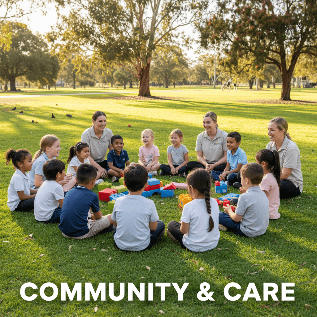 Children with diverse abilities sitting together in a circle during outdoor summer activity, guided by volunteers in a sunny park