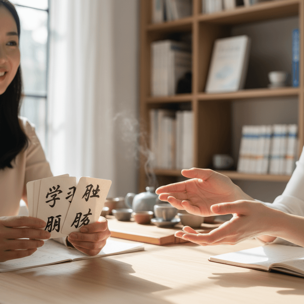 Student and instructor hands engaged with Mandarin character flashcards during conversational lesson in bright classroom