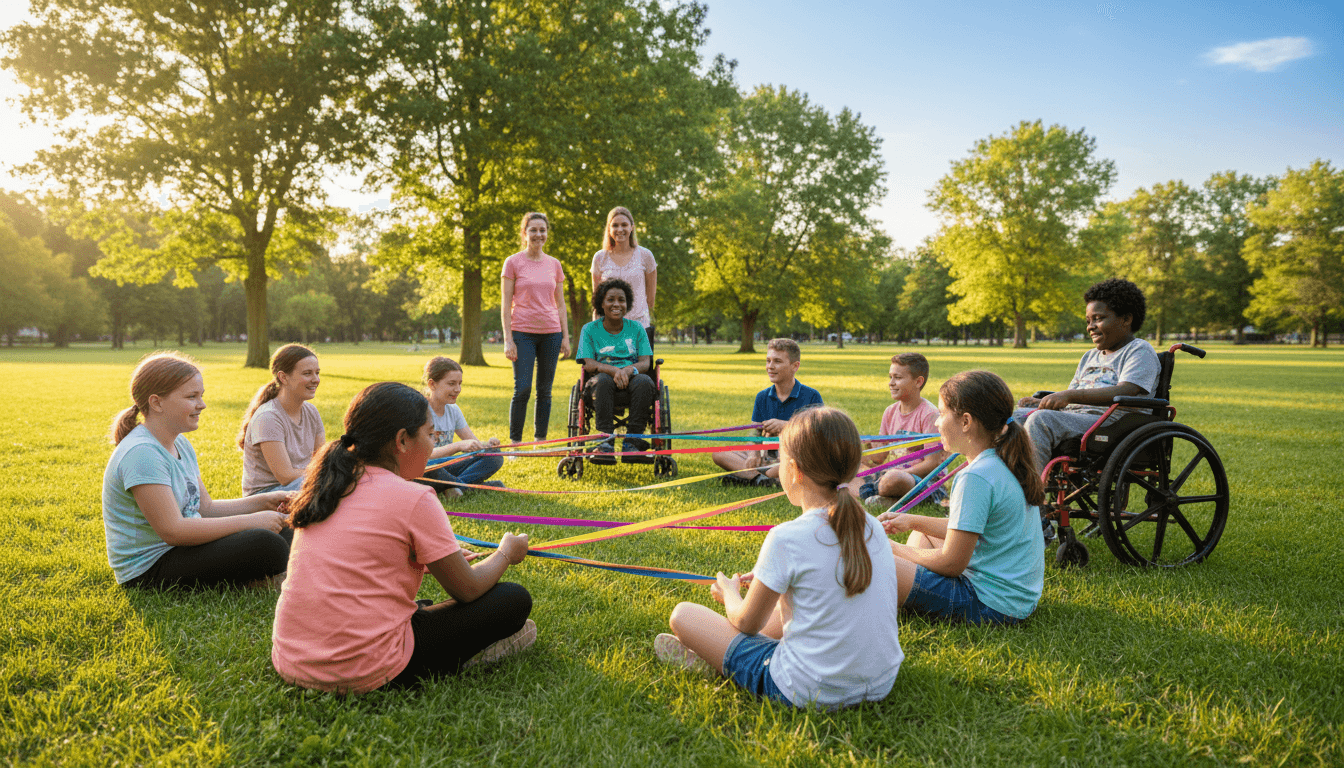Children with diverse abilities sitting together in a circle during outdoor summer activity, guided by volunteers in a sunny park