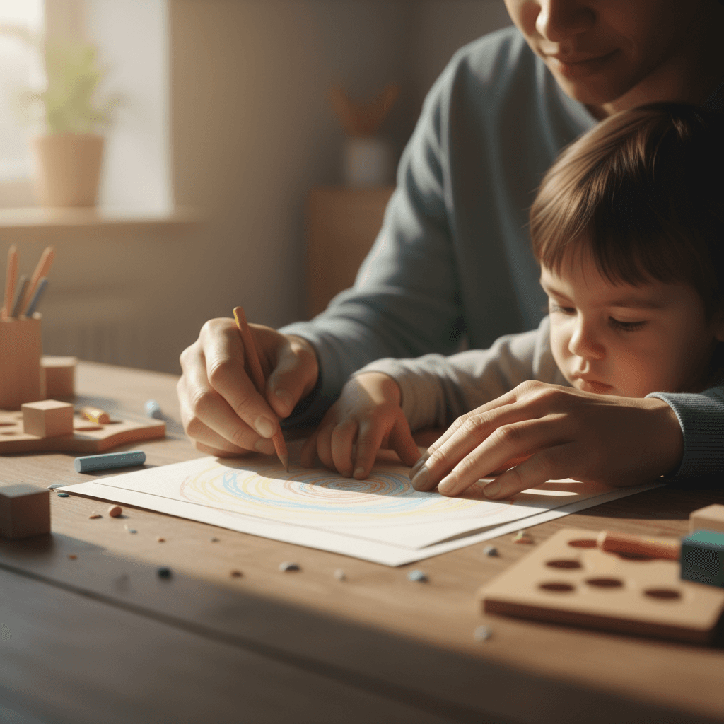 Care worker supporting child with activity